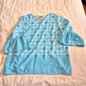 Ruby Road women's size 18W blue & white bell 3/4 sleeve blue & white blouse VGUC